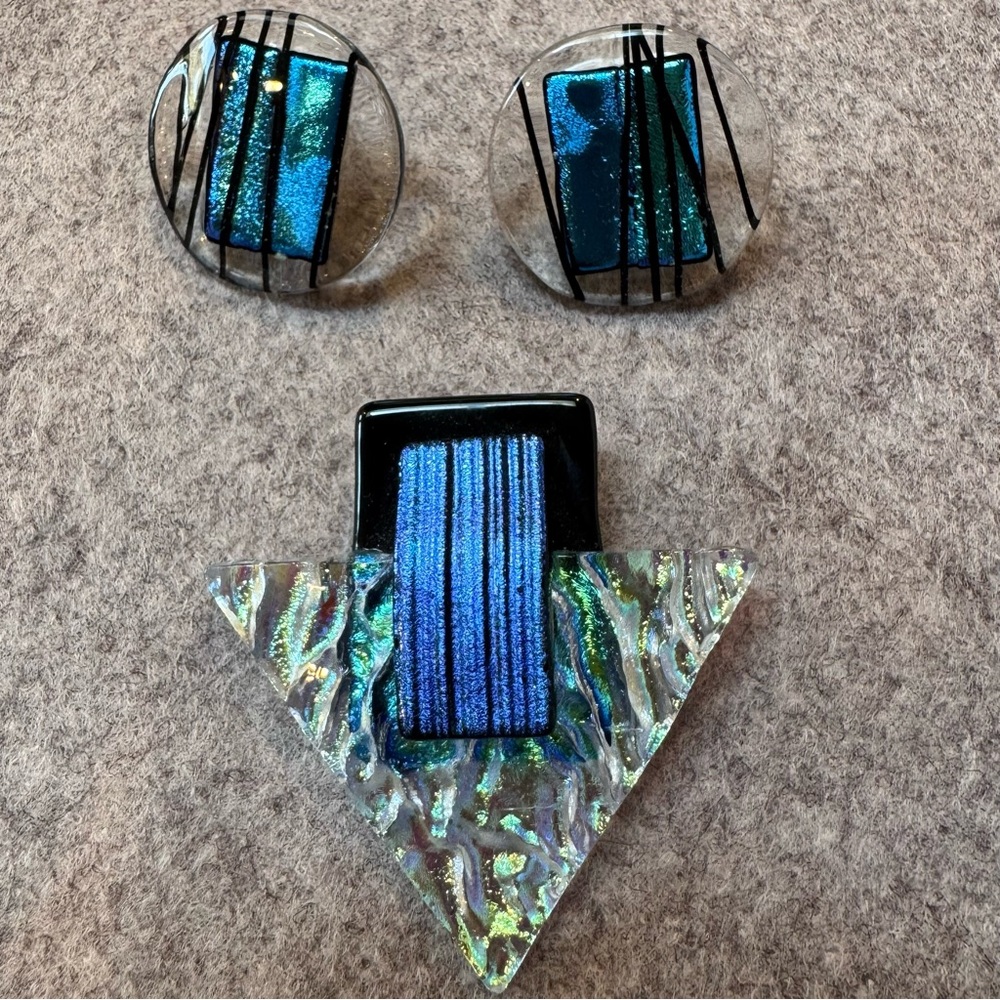 Iridescent Dichroic Glass Brooch and Earring Set with Blue and Black Accents - Picture 3 of 9